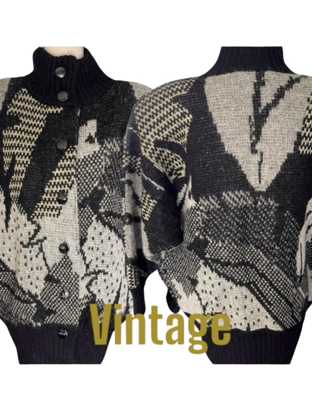 Vintage 80's Black/Grey/Gold Pattern Mohair High Neck Button Front Cardigan (M) - Picture 5 of 16